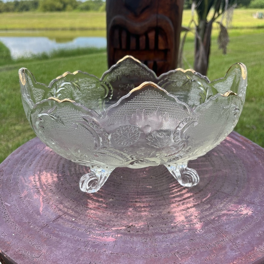 Vintage Jeanette Glass Scroll Footed Fruit Bowl- Oval Jade Edges  11" x 7" x 5.5